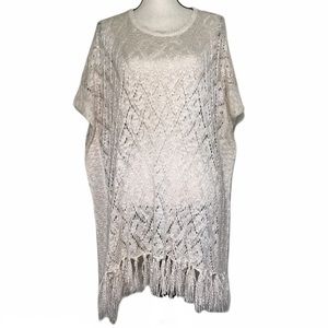 Cejon Knit Poncho Coverup Sweater Fringed Boho OSFM Ivory Lace Long Line Netting